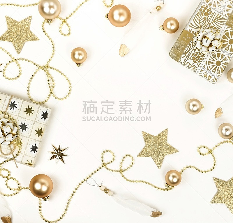 球体,新年前夕,白色,黄金,概念,圣诞装饰,背景,留白,平铺