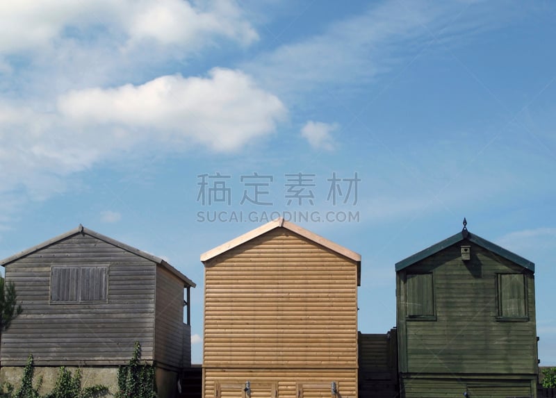 海滩小屋,三个物体,whitstable,肯特,天空,留白,水平画幅,无人,英格兰,海滩