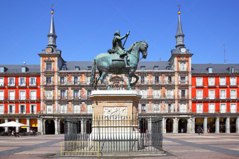 马约尔广场,马德里,艺术,外立面,水平画幅,无人,古老的,大广场,casa de la panaderia,statue of philip iii