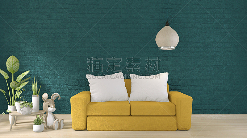 暗色,扶手椅,沙发,三维图形,极简构图,黄色,墙,绿色,设计,装饰