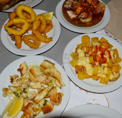 盘子,食品,多样,饮食,图像,水平画幅,无人,西班牙,宽节棒乌贼,章鱼