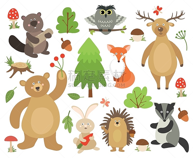 可爱的,海狸,动物,獾,狐狸,熊,卡通,猫头鹰,鹿,野兔