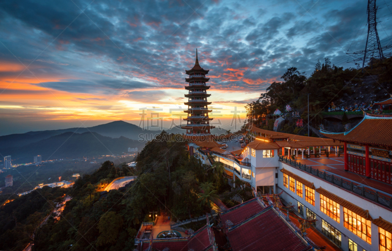 振瑞庙,云顶高原,山口,云,橙色,品红色,自然美,户外,建筑,马来西亚