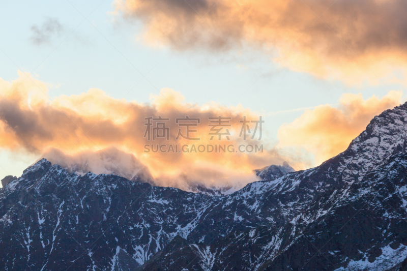 山,在上面,天空,水平画幅,雪,无人,早晨,户外,高山辉,高地