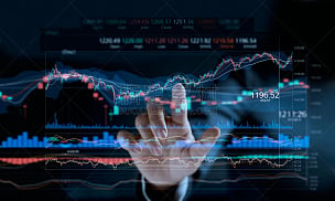 Businessman touching stock market graph on a virtual screen display.