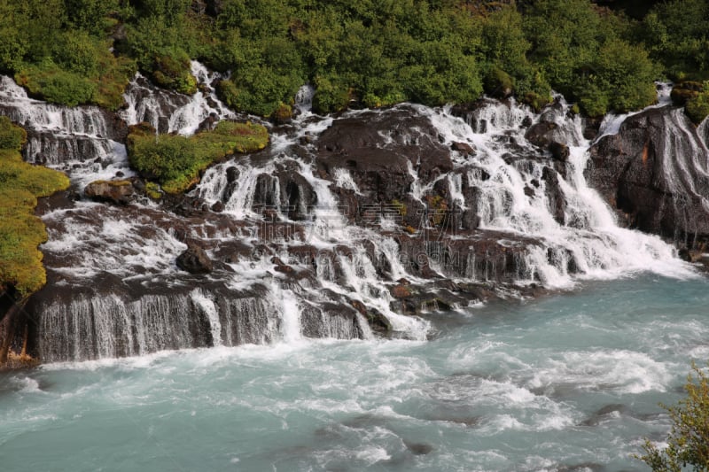 瀑布,hraunfossar,冰岛国,水,水平画幅,火山地形,夏天,户外,石头,山