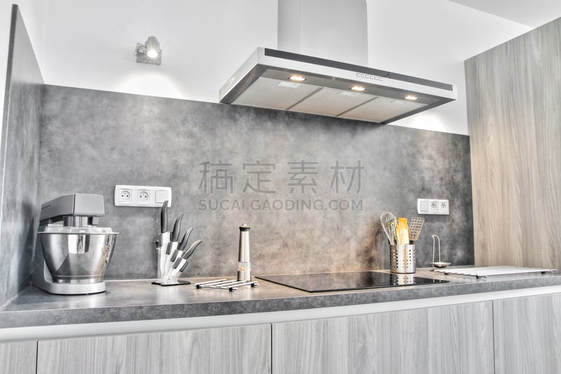 新的,灰色,极简构图,厨房器具,厨房,抽油烟机,餐具柜,轻便电炉,火炉,木匙
