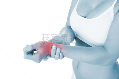 女人,手腕,痛苦,身体受伤,水平画幅,白色背景,人,背景分离,关节炎,关节