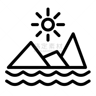 绘画插图,白色,矢量,地形,太阳,海洋,山,自然,轮廓,移动应用程序