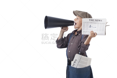 送报人,扩音器,拿着,传媒,留白,半身像,水平画幅,背带,仅男孩