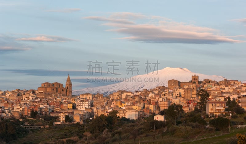 都市风景,乡村,埃特纳火山,背景,天空,古董,水平画幅,雪,无人