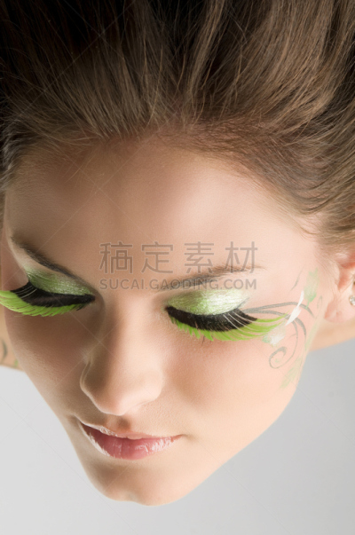 睫毛,绿色,垂直画幅,美,人造的,彩妆,美人,化妆用品,白人