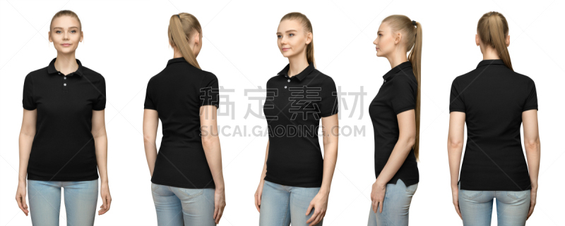 正面视角,t恤,背面视角,polo衫,空白的,背景分离,青年女人,黑色,侧面视角,设计