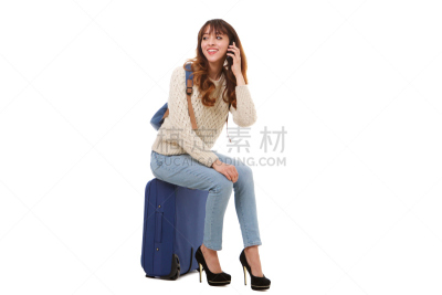 手提箱,手机,女人,背景分离,行李,肖像,一个人,技术,从容态度,现代