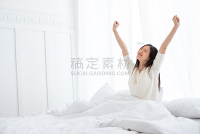 幸福,白色,清新,床,女人,早晨,亚洲,坐,起床,伸展
