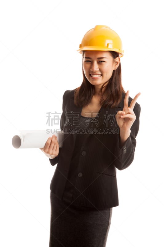 工程师,女人,蓝图,v sign,垂直画幅,美,手势语,美人,安全帽,两个物体