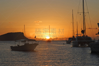 加勒比海地区,水,天空,双体船,宁静,水平画幅,无人,海港,日落,度假