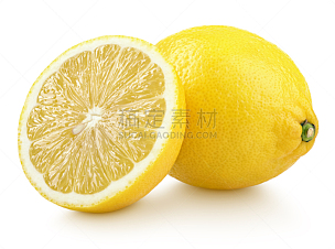一半的,柠檬,黄色,完整,柑橘属,分离着色,白色,维生素c,两个物体,切片食物