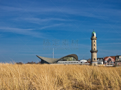 灯塔楼,罗斯托克,滨草,梅克伦堡前波莫瑞州,天空,水平画幅,无人,海岸地形,户外,草