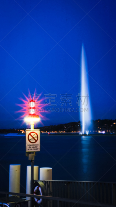 夜晚,日内瓦,瑞士,日内瓦湖大喷泉,垂直画幅,码头,无人,喷泉,夏天,户外