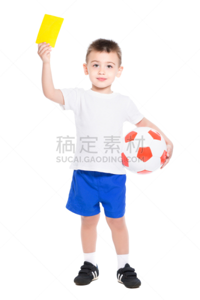 男孩,舒服,黄牌,足球服,裁判,足球运动员,帆布鞋,垂直画幅,球,学龄前