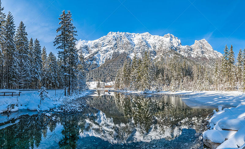 Scenic winter landscape in Bavarian Alps at idyllic lake Hintersee