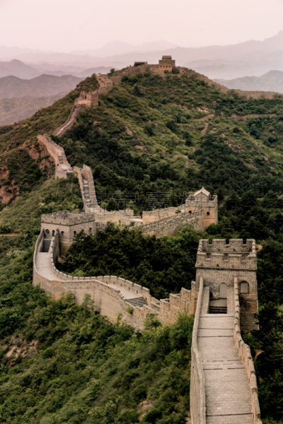 长城,山,雾,墙,无人,巨大的,户外,石材,过去,国际著名景点