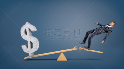 美元符号,男商人,木制,跷跷板,混凝土,厚木板,巨大的,休息,落下,破坏