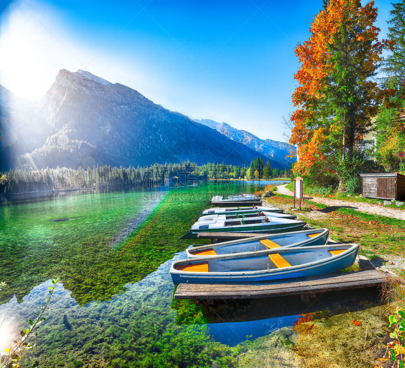 lake hintersee,秋天,非凡的,黎明,云景,云,船,湖,绿松石色,达特施泰因山脉