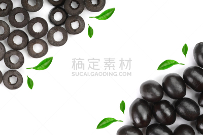 顶部,都市风景,乌榄,完整,切片食物,式样,分离着色,平铺,白色背景,水平画幅
