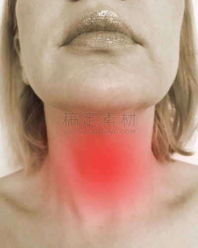 女人,症状,喉咙痛,健康保健,部分,药,甲状腺肿,脖子,拿着,病毒