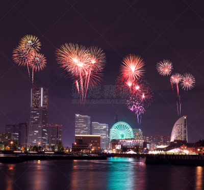 城市,放焰火,横滨,滨海湾 ,在上面,天空,水平画幅,建筑,夜晚,无人