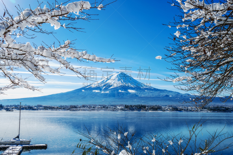 黎明,富士山,河口湖,背景聚焦,水平画幅,雪,无人,早晨,户外,湖