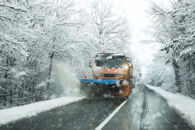 暴风雨,雪,盐,冬天,扫雪车,卡车,正面视角,在活动中,服务,生长