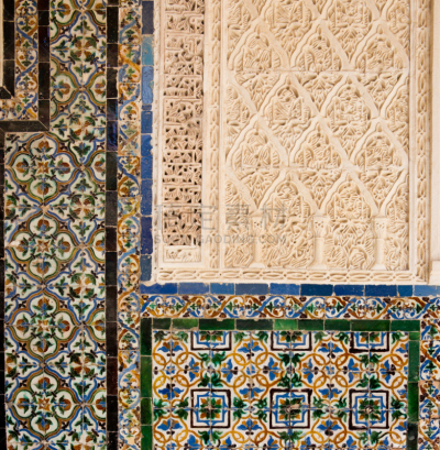 The detail of wall decoration from Mudéjar Patio Principal of La Casa de Pilatos in Seville, Spain.
