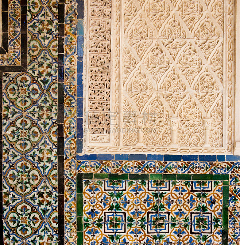 The detail of wall decoration from Mudéjar Patio Principal of La Casa de Pilatos in Seville, Spain.