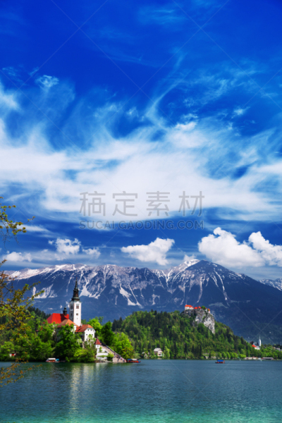 夏天,湖,布雷得,斯洛文尼亚,风景,春天,非凡的,垂直画幅,水,天空