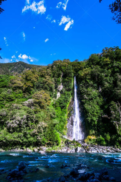 瀑布,山,天空,高大的,蓝色,风景,自然美,中午,云景,云