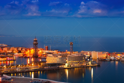 夜晚,威尔港口,巴塞罗那,水,客船,水平画幅,无人,海港,货运,曙暮光