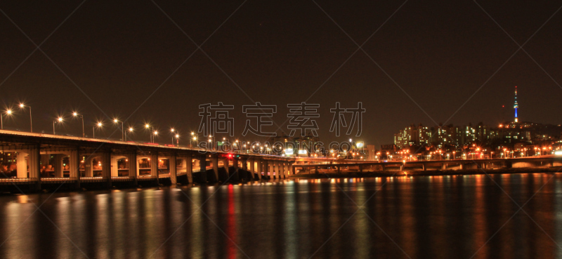 夜晚,汉江,首尔,朝鲜半岛,水平画幅,地形,建筑,无人,全景,户外