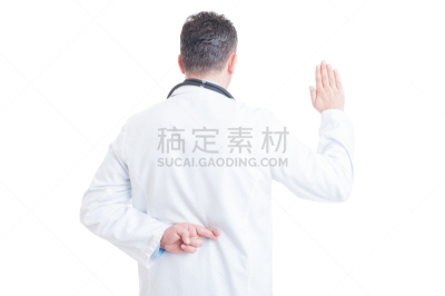 盘着手指,手放背部,人造的,实验服,水平画幅,在之后,不诚实,白色背景,健康保健