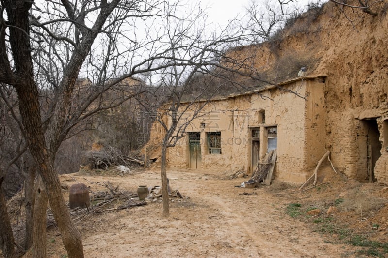 黄土高原,粘土,水平画幅,无人,户外,房屋,草,居住区,植物,摄影