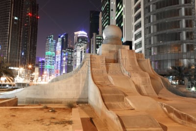多哈,喷泉,市区,珍珠牡蛎,水平画幅,建筑,夜晚,无人,城市,中东