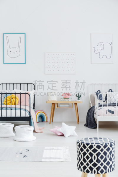 明亮,卧室,儿童,床,吧椅,室内,黑白图片,摄影,写实
