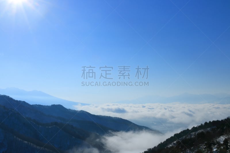 太阳,海洋,云,天空,里山,水平画幅,山,雪,长野县,无人