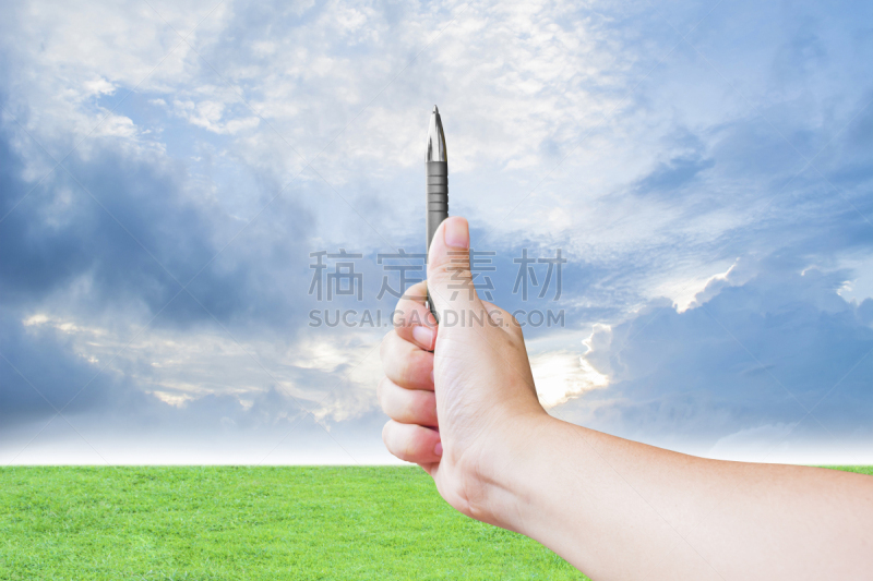 陆地,手,拿着,公亩,水笔,天空,留白,艺术家,草