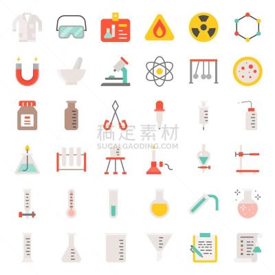化学,实验室设备,图标,平坦的,概念,显微镜,温度计,漏斗,水平画幅,水泥