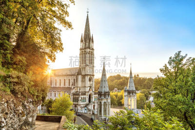 卢尔德,玫瑰圣殿,教堂,水平画幅,建筑,夜晚,无人,大教堂,黄昏,太阳