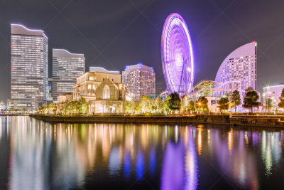 横滨,夜晚,山下公园,横滨高速铁路,办公园区,摩天轮,神奈川县,天空,水平画幅,无人