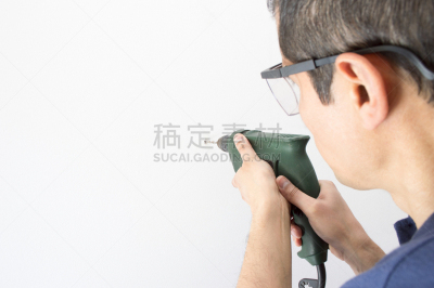 钻孔机,特写,男人,太空,留白,洞,水平画幅,墙,偏远的,白人